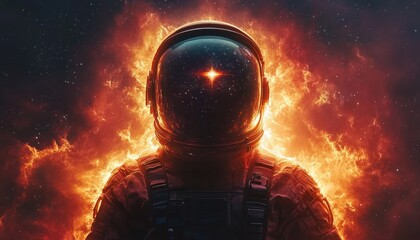 Astronaut in Cosmic Space Suit with Nebula Background