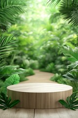 A wooden podium surrounded by lush greenery, path on background