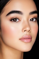 Close-up of a beautiful woman with thick eyebrows, soft pink lipstick, and glossy skin against a black background.