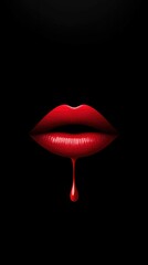 Close up of red lips with dripping liquid on a black background