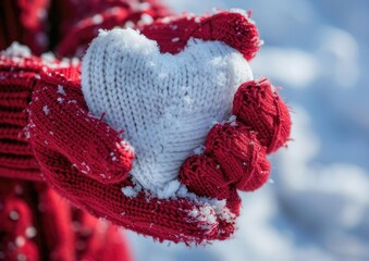 Female hands in knitted mittens with heart of snow in winter day. Love concept. Valentine day background.