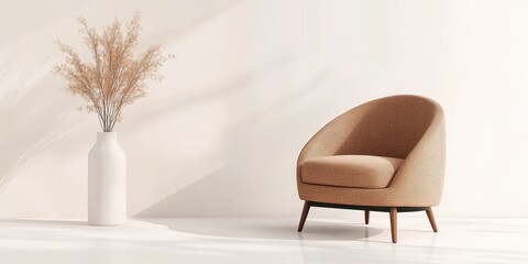 Modern interior design with armchair and plant vase against sunlight on wall background
