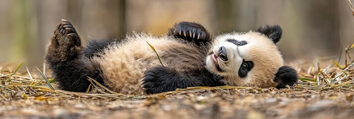 Obraz premium Adorable panda cub lying on the ground playfully.