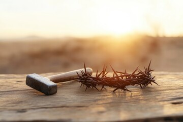 The crown of thorns and the hammer with nails lie on an old wooden board, against a desert background.