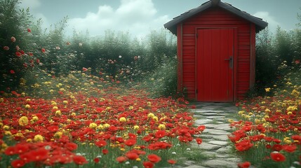 Red Shed In A Field Of Poppies And Yellow Flowers