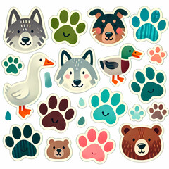 Fototapeta premium Cute pre-school animal sets, vector illustraions, patterns, fish, lizards, cows farm animals, pigs, bees, birds, gecko, lady bugs, wolves, jellyfish, insects. stickers for kids and pre-school 