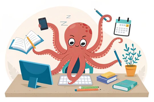 A cartoon octopus sitting at a desk with a computer and a keyboard