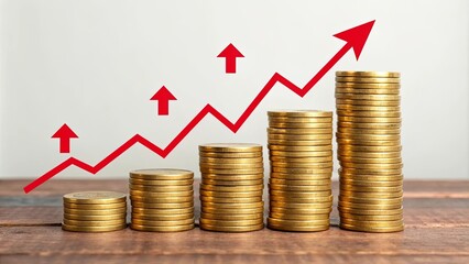 A stack of gold coins with a red arrow pointing upwards