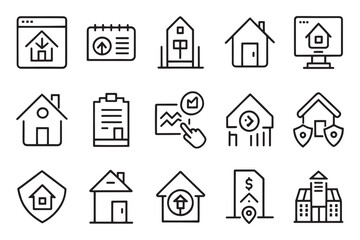  Alert, Real estate related editable stroke outline icon set isolated flat vector illustration white background