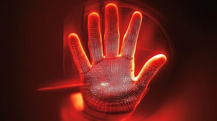 Digital Hand with bright red background for the concept of Representing biometric security or futuristic technological advancement.