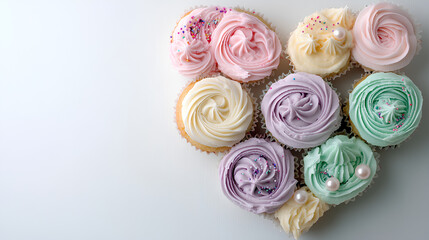 Fototapeta premium Heart-Shaped Arrangement of Pastel-Colored Cupcakes with Delicate Decorations