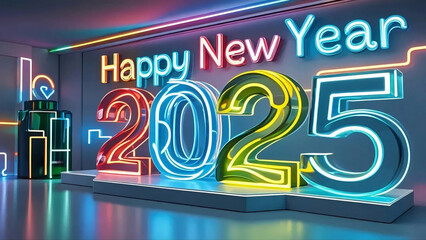 happy new year 2025 neon premium illustration design  neon sign