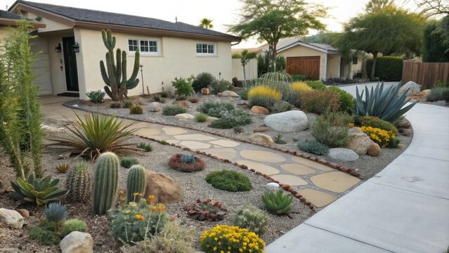A garden layout designed with xeriscaping principles featuring droughtresistant plants that require minimal watering.