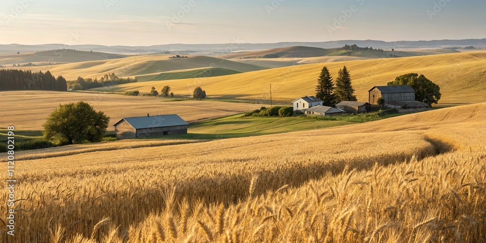Poster a large field of golden wheat with a few houses in the distance