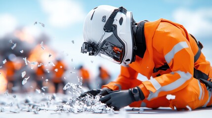 Worker in orange suit collects debris amidst a chaotic environment.