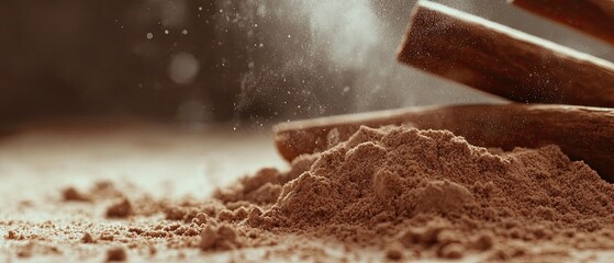 Ground cinnamon powder with cinnamon sticks.