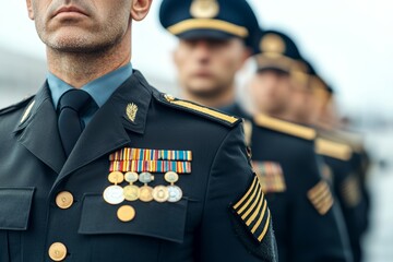 Military Honor, Close-up of officers' dress uniforms, medals gleaming, a symbol of service and pride