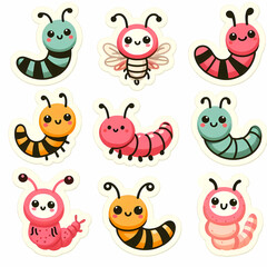 Naklejka premium Cute pre-school animal sets, vector illustraions, patterns, fish, lizards, cows farm animals, pigs, bees, birds, gecko, lady bugs, wolves, jellyfish, insects. stickers for kids and pre-school 