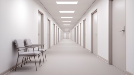 Empty sterile hallway, two chairs await. A sense of quiet anticipation hangs in the air.