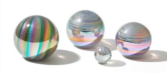 Obraz premium Three iridescent glass spheres of varying sizes, on a white background.