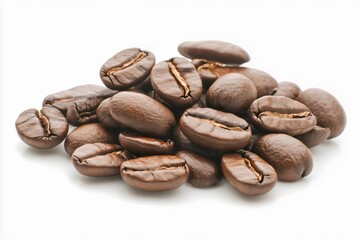 Obraz premium Freshly Roasted Coffee Beans Piled on White Surface with Natural Shine and Texture, Perfect for Coffee Lovers and Culinary Themes, Enhanced by Bright Lighting