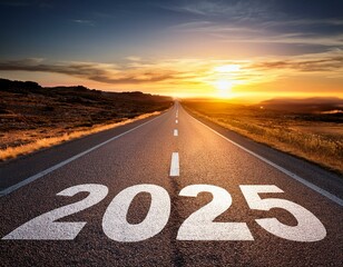2025 written on a long asphalt road at sunset, symbolizing growth, strategy, and achieving future goals