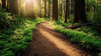 Obraz premium Serene Forest Pathway Surrounded by Lush Green Ferns and Tall Trees Illuminated by Warm Sunlight at Dawn in a Tranquil Natural Landscape