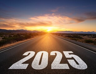2025 written on a long asphalt road at sunset, symbolizing growth, strategy, and achieving future goals