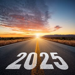 2025 written on a long asphalt road at sunset, symbolizing growth, strategy, and achieving future goals