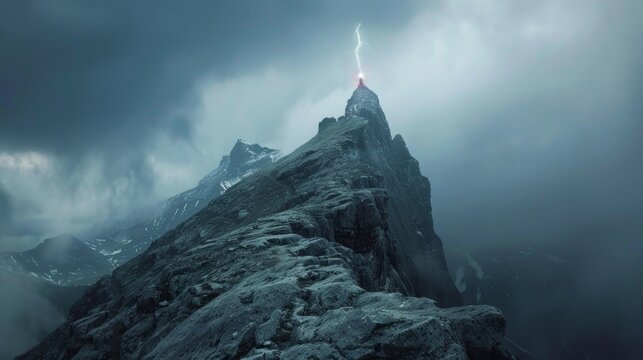 A lightning rod atop a mountain peak representing the lofty goals and limitless potential of blockchain technology