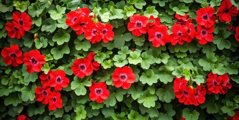 Vibrant red flowers against lush green foliage.
