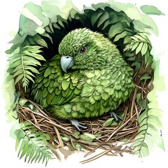 Fototapeta premium Watercolor Painting of a Kea Parrot Resting in its Nest Amidst Lush Green Ferns.