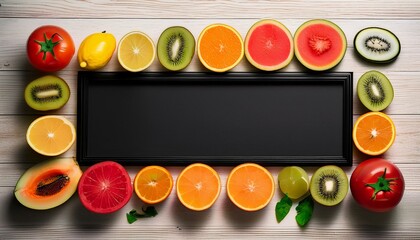 Colorful fruit and vegetable assortment with blank chalkboard.
