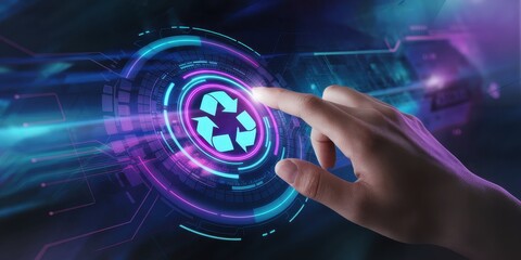 Obraz premium Futuristic Technology Concept - Hand Touching Holographic Recycle Icon