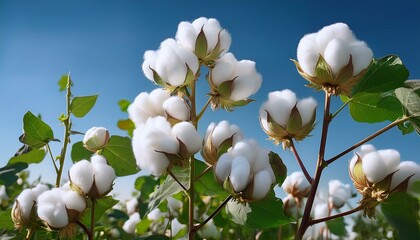 Fluffy white cotton bolls against a vibrant blue sky.