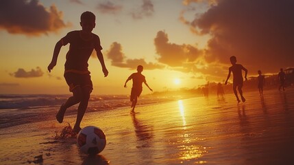 Boys playing soccer at sunset on the beach