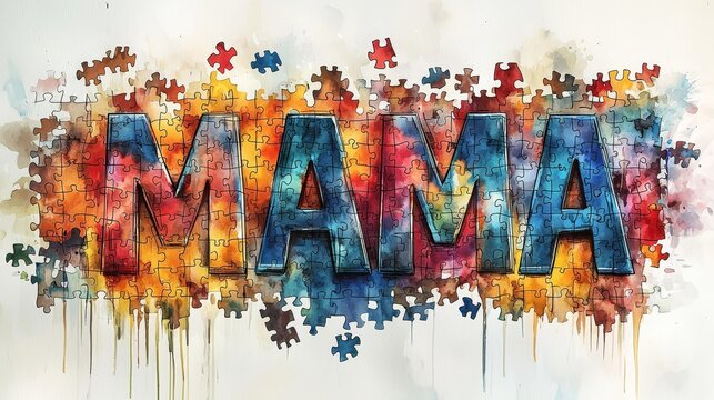 The letter 'MAMA', paired with a hand drawn watercolor bow composed of puzzle pieces, symbolizes autism awareness. The background is white, symbolizing love and support.