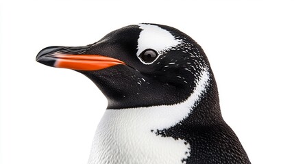 Naklejka premium Close-up Portrait of a Gentoo Penguin Against a White Background