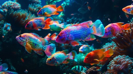 Unique creatures with bright iridescent scales thrive in the reef representing the dynamic nature of the crypto market.
