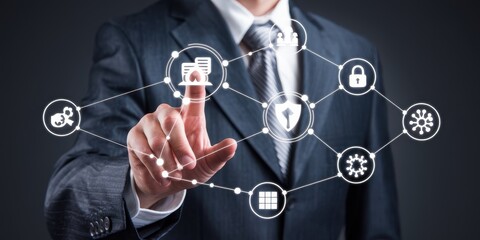 Businessman Interacting with Digital Network Security and Technology Concepts