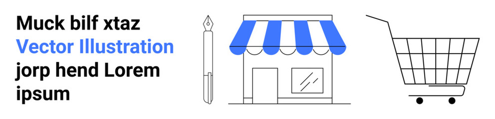 Shopping cart, storefront with blue awning, and fountain pen. Ideal for e-commerce themes, retail, online shopping tutorials, marketing campaigns, business presentations, web design, startup pitches