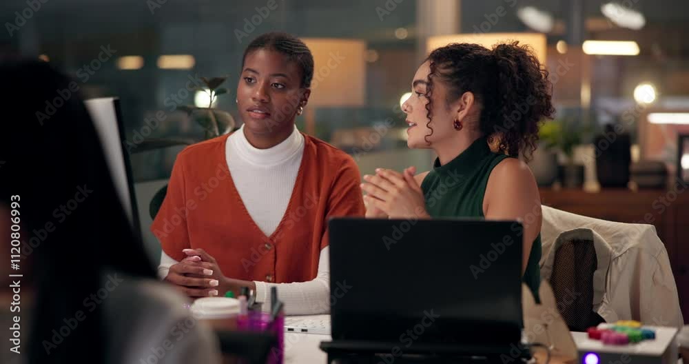 Poster Night, design team and computer in office for advice, website layout and brainstorming. Women, tech or discussion in digital agency for problem solving, planning campaign or deadline for productivity