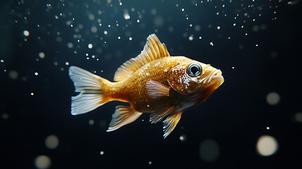 Golden Fish Swims in Dark Water With Bubbles