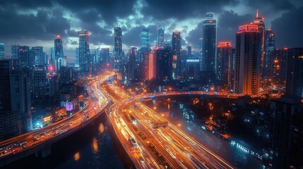 Fototapeta premium Urban Nightscape Smart City Transformation Development with 5G Technology and Neon Lights