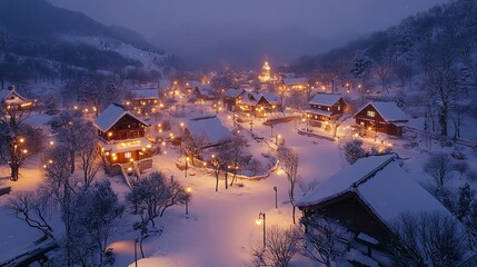 Snowy Village Sunrise: Frosty Cabin Landscape with Golden Sky and Snow-Covered Trees