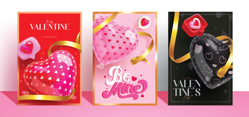 Valentine's day clipart poster set. Valentine greeting card with colorful inflatable hearts balloons, speech bubble and gold ribbon elements in red, pink, and black background. Vector illustration 