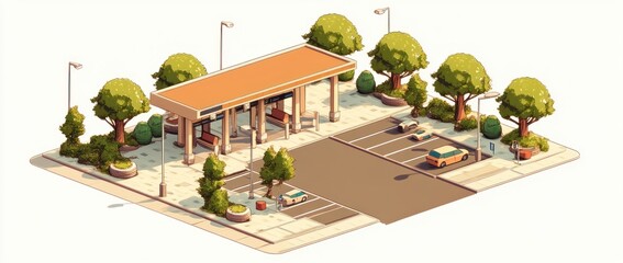 A stylized gas station with surrounding greenery.