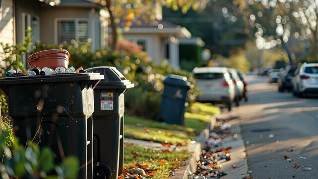 Residential Street Scene with Overflowing Trash Bins at Sunset