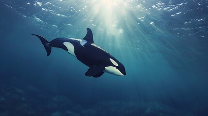 Majestic Orca Gracefully Swimming Underwater, Sunbeams Illuminate the Scene