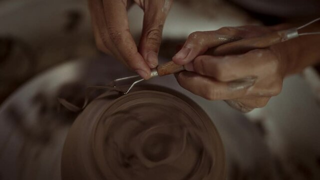 Close-Up Of Trimming Pottery Foot With Loop Tool